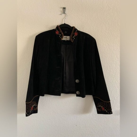 Scully Womens Black Floral Suede Leather Button Western Rodeo Jacket Size 8 - Picture 1 of 12